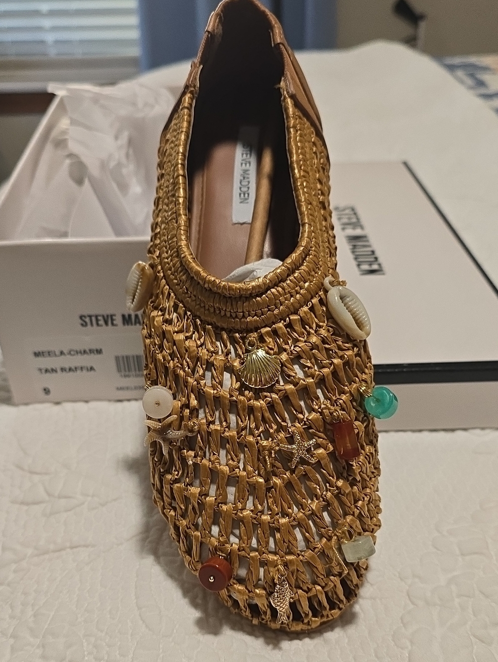 Steve Madden Tan Raffia Slip-On with Shell & Bead Charms
